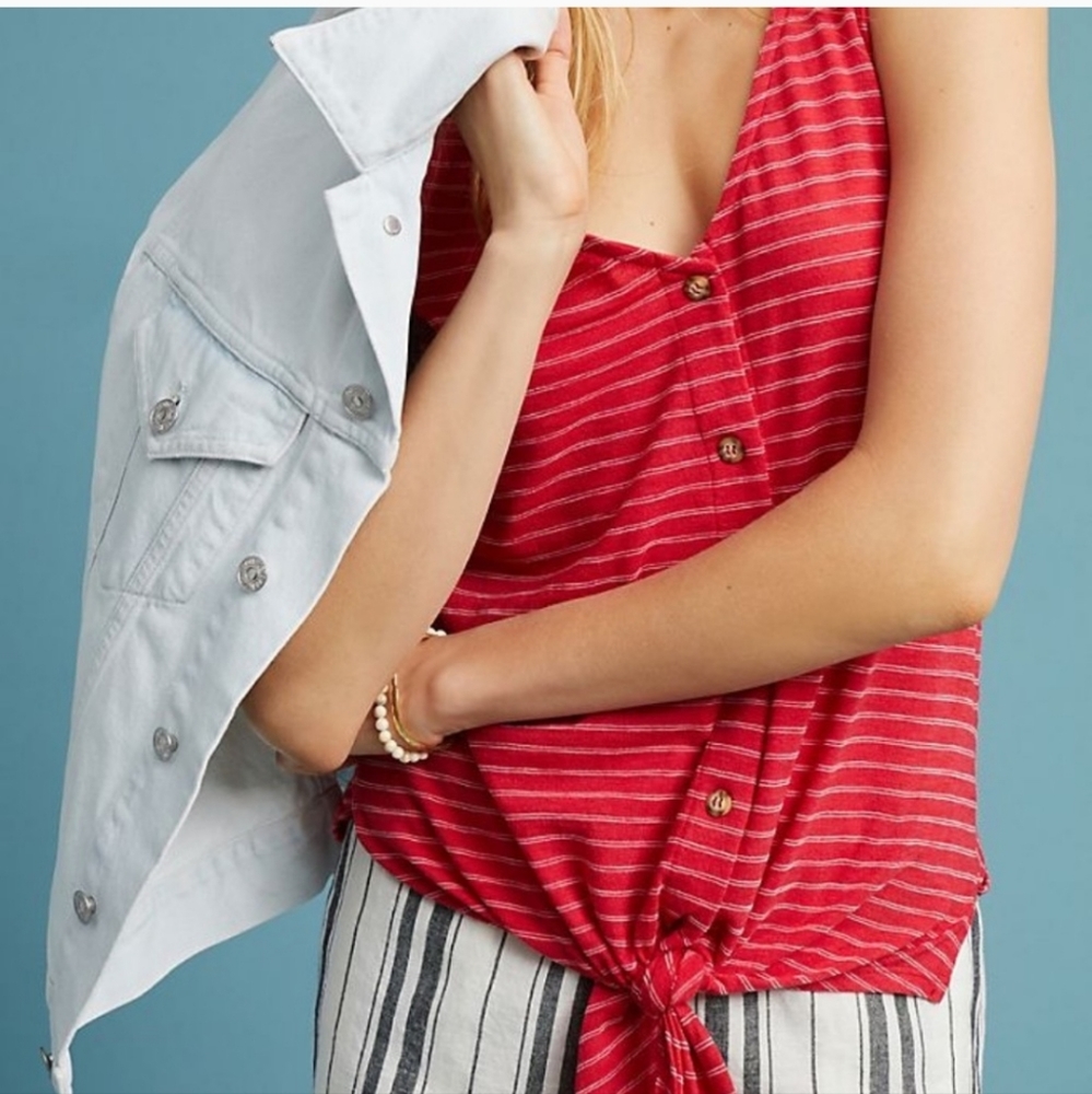 Anthropologie T.La Effervescent Tie Front Striped Tank In Red